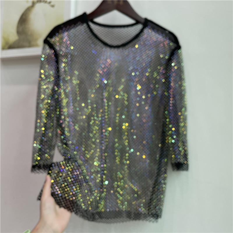 Crystal Mesh Fabric - ColorShiny الماس الكهربائية مقطع الأساسية قميص